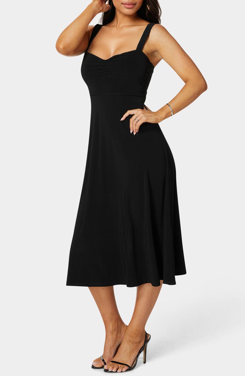 bebe Sweetheart Fit and Flare Midi Dress, Alternate, color, Black