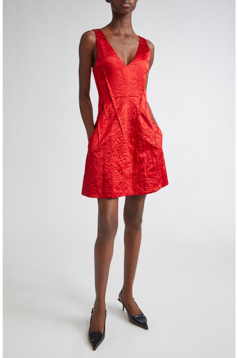 V-Neck Crushed Satin Minidress, Main, color, RED