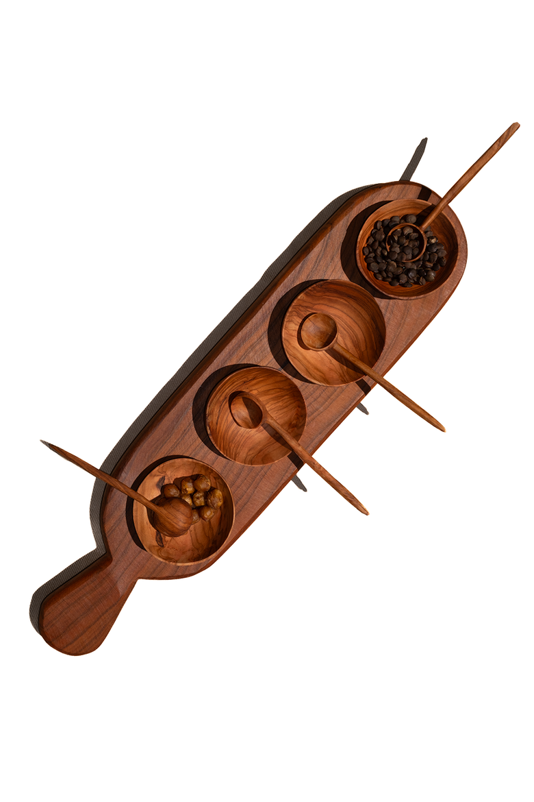 Four Condiment Serving Set Tray, Main, color, Brown