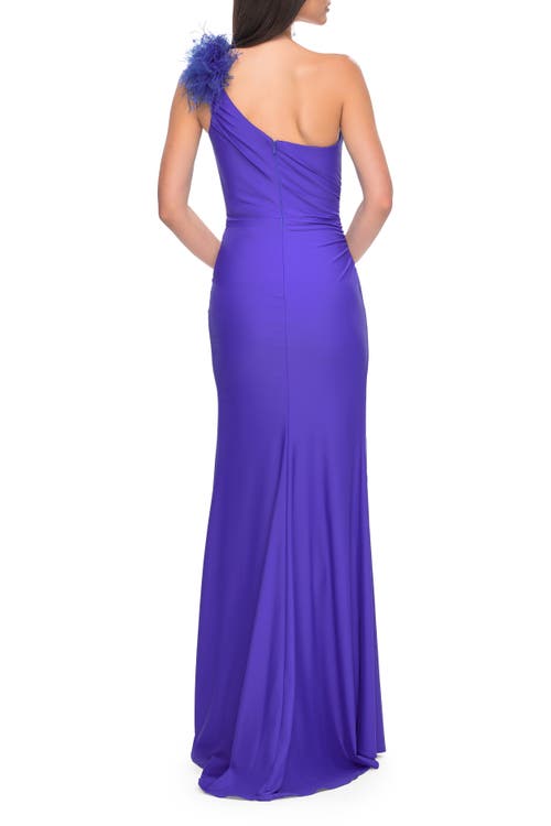 La Femme One Shoulder Jersey Gown With Feather Detail In Royal Blue