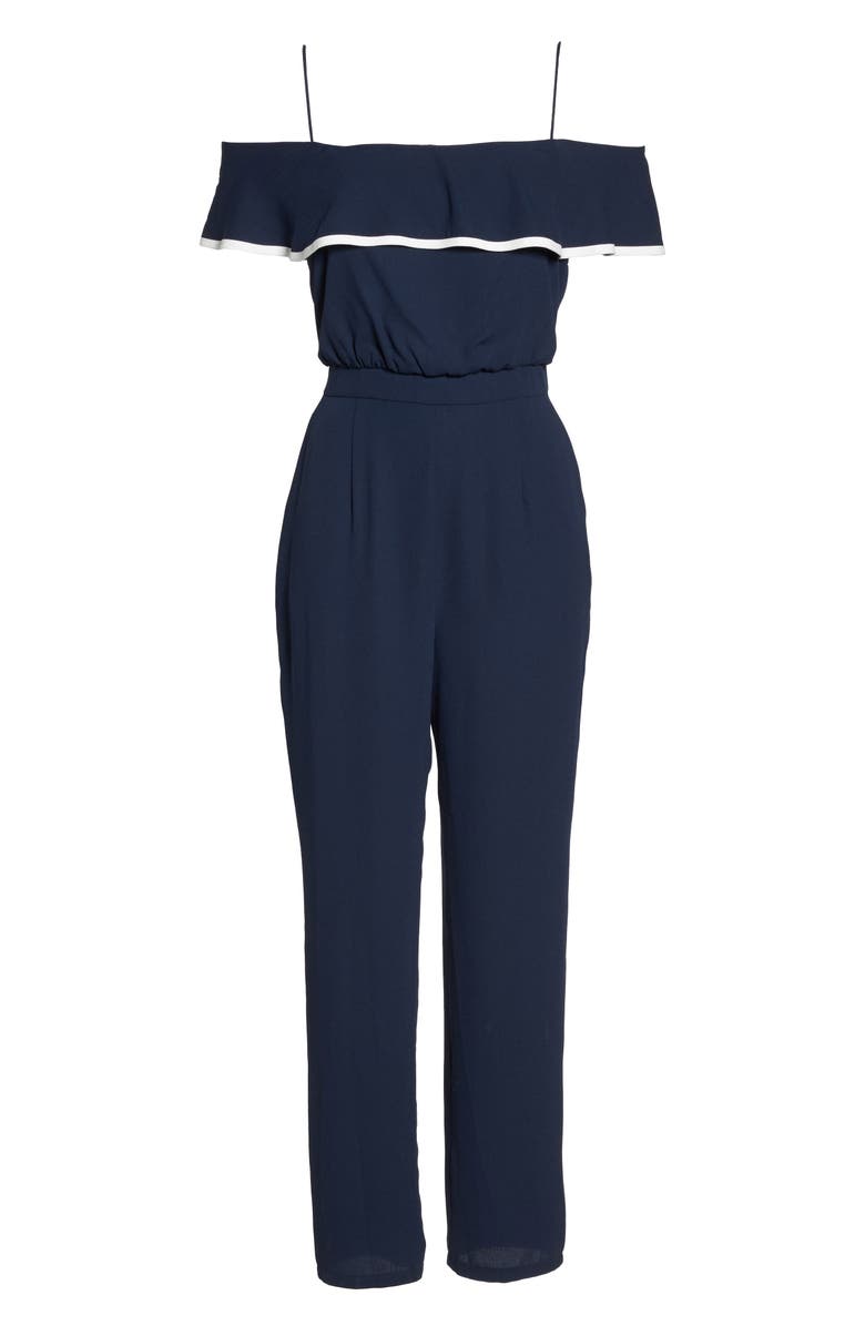Vince Camuto Ruffle Off the Shoulder Jumpsuit, Alternate, color,