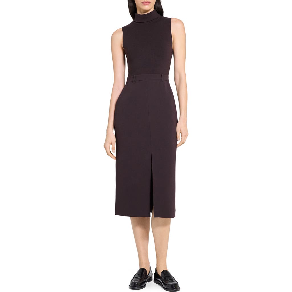 Theory Funnel Neck Mixed Media Midi Dress In Purple