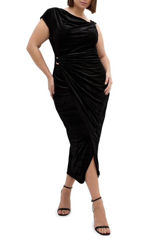 City Chic Vivi Asymmetric Velour Sheath Dress In Black