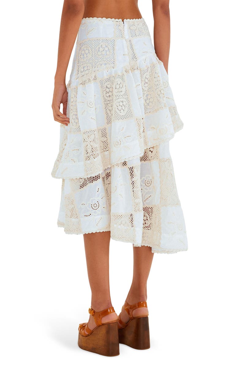 FARM Rio Lace Detail Tiered Asymmetric Cotton Skirt, Alternate, color, Off-White