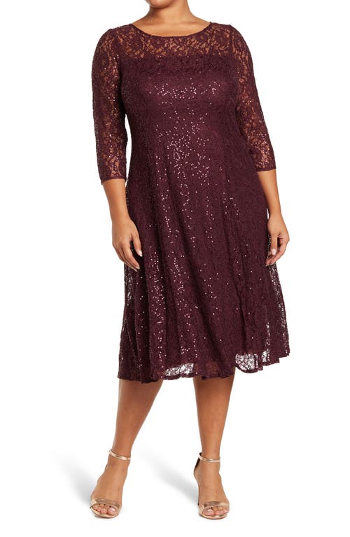 SL FASHIONS Lace Overlay Fit & Flare Midi Dress in Fig 