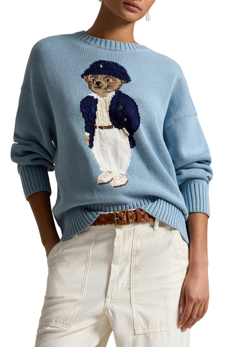 Polo Ralph Lauren Oversize Polo Bear Cotton Sweater, Main, color, Blue Note