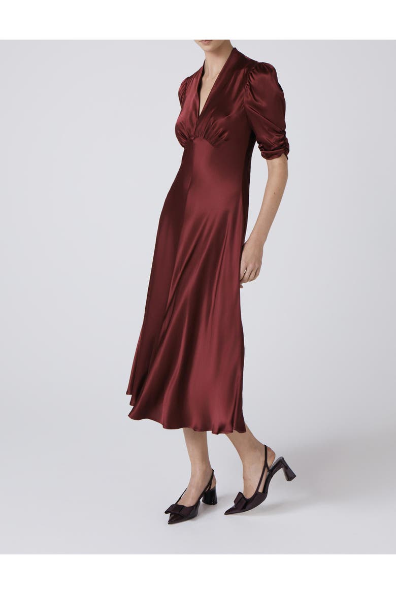 Mia Satin V Neck Midi Tea Dress, Alternate, color, Burgundy