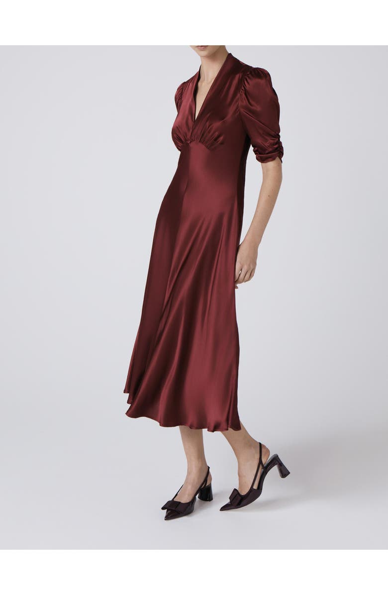 Ghost London Mia Satin V Neck Midi Tea Dress, Alternate, color, Burgundy