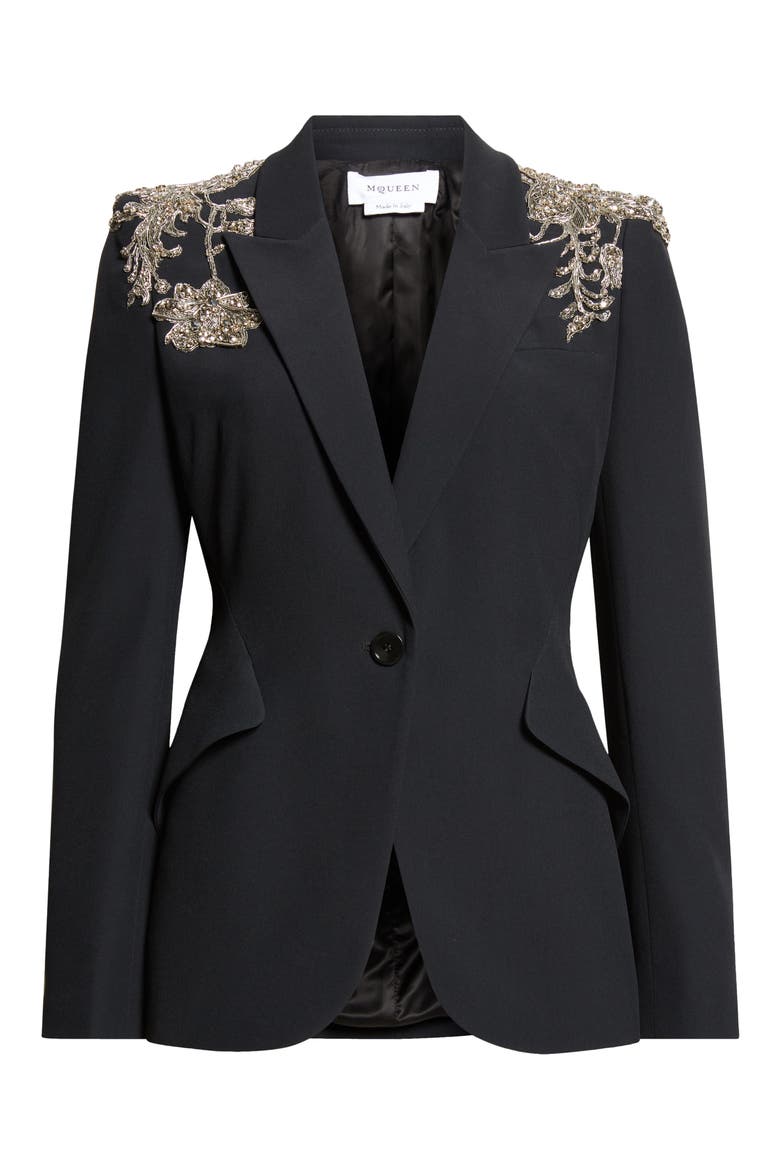 Silver Tattoo Peak Shoulder Blazer, Alternate, color, BLACK