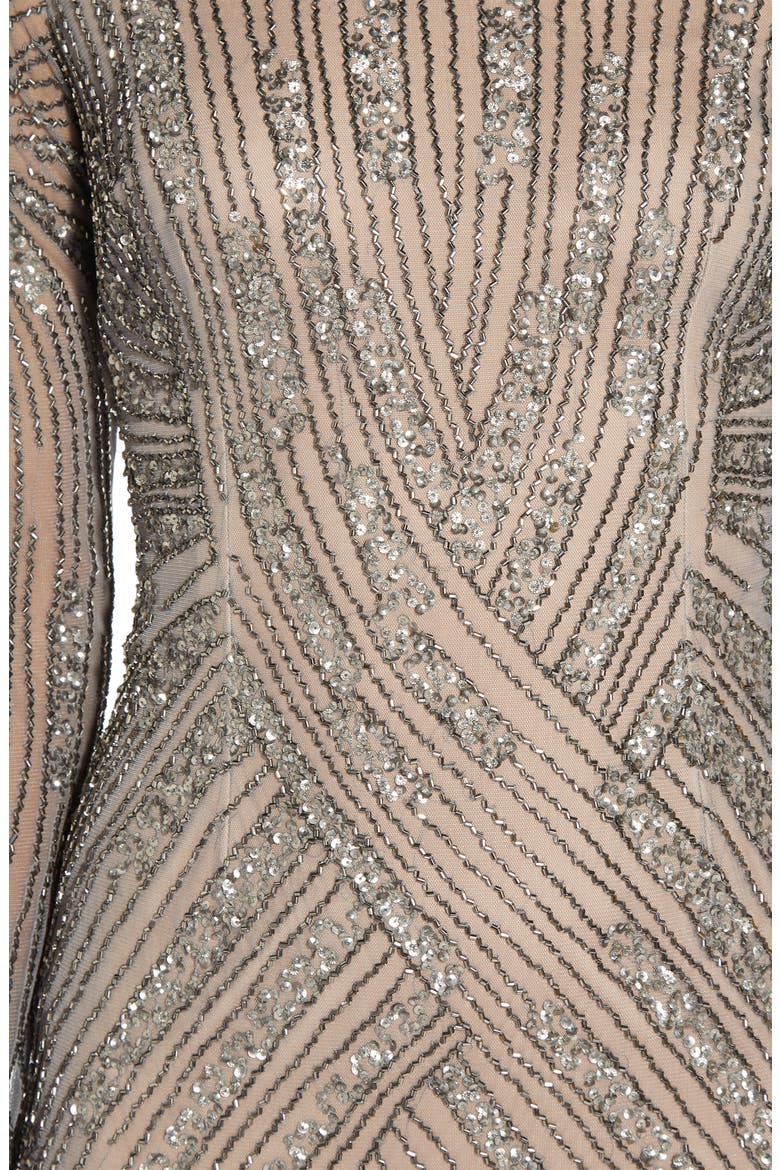 Beaded Long Sleeve Off the Shoulder Mermaid Gown, Alternate, color, STERLING