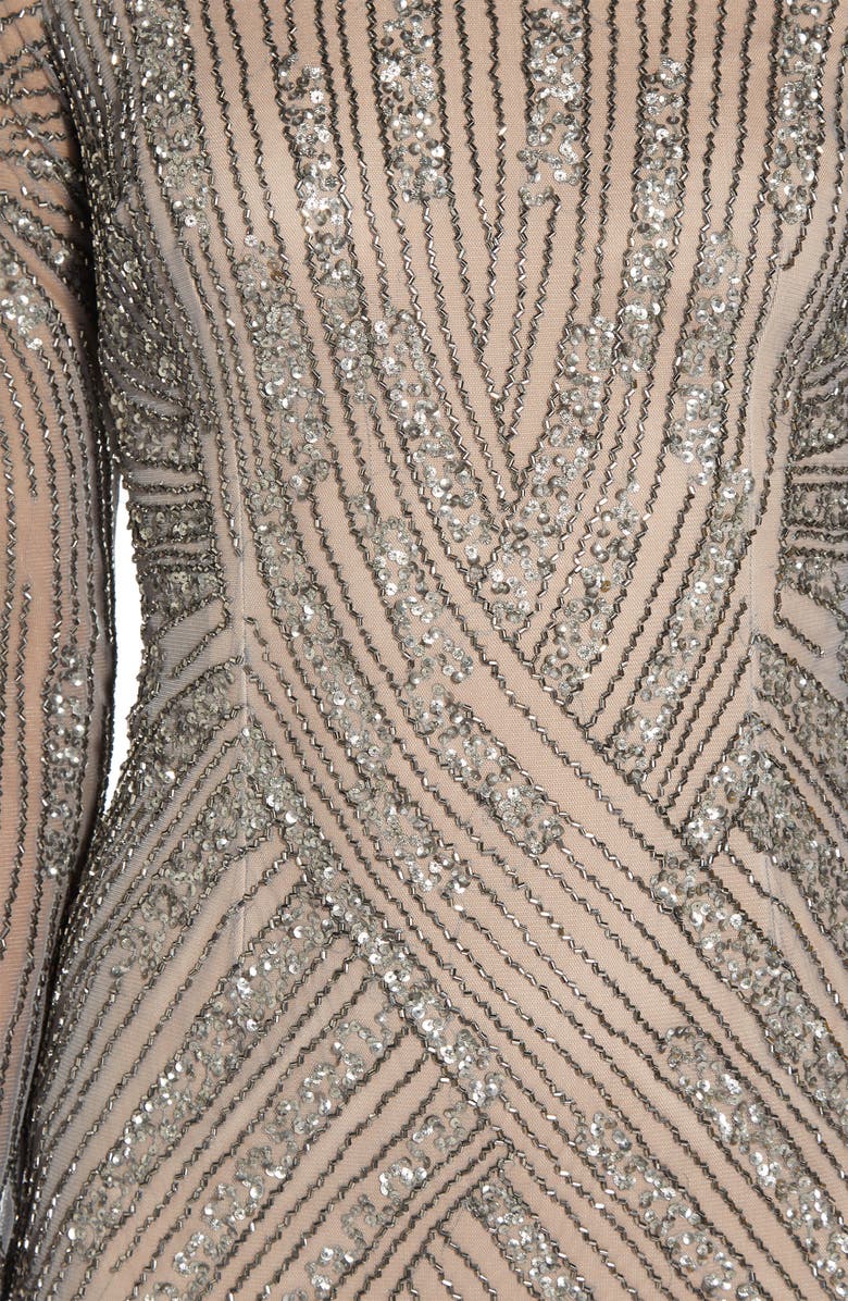 Adrianna Papell Beaded Long Sleeve Off the Shoulder Mermaid Gown, Alternate, color, Sterling