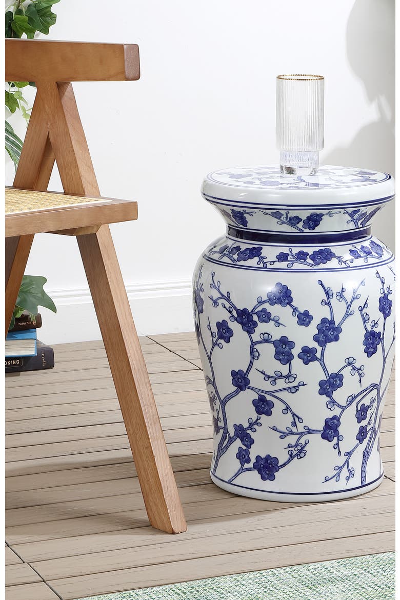 Cherry Blossom Traditional Chinoiserie Floral Ceramic Garden Stool, Indoor/Outdoor Patio Side Table, Accent Seat & End Table, Alternate, color, White/Blue