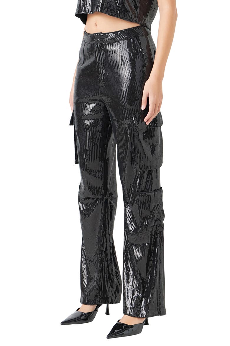 Sequin Wide Leg Cargo Pants, Alternate, color, BLACK