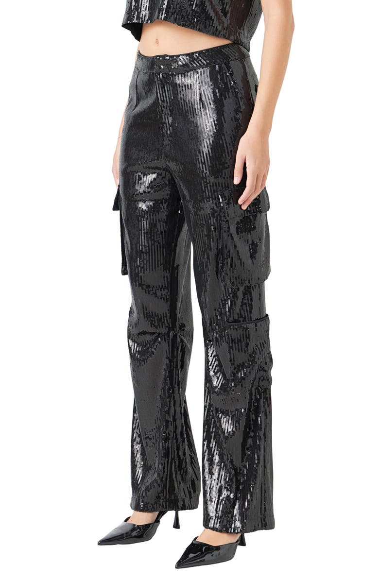 Endless Rose Sequin Wide Leg Cargo Pants, Alternate, color, Black