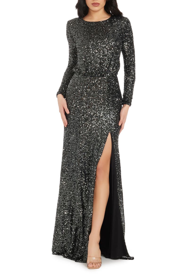 Mischa Sequin Side Slit Long Sleeve Gown, Main, color, GUNMETAL