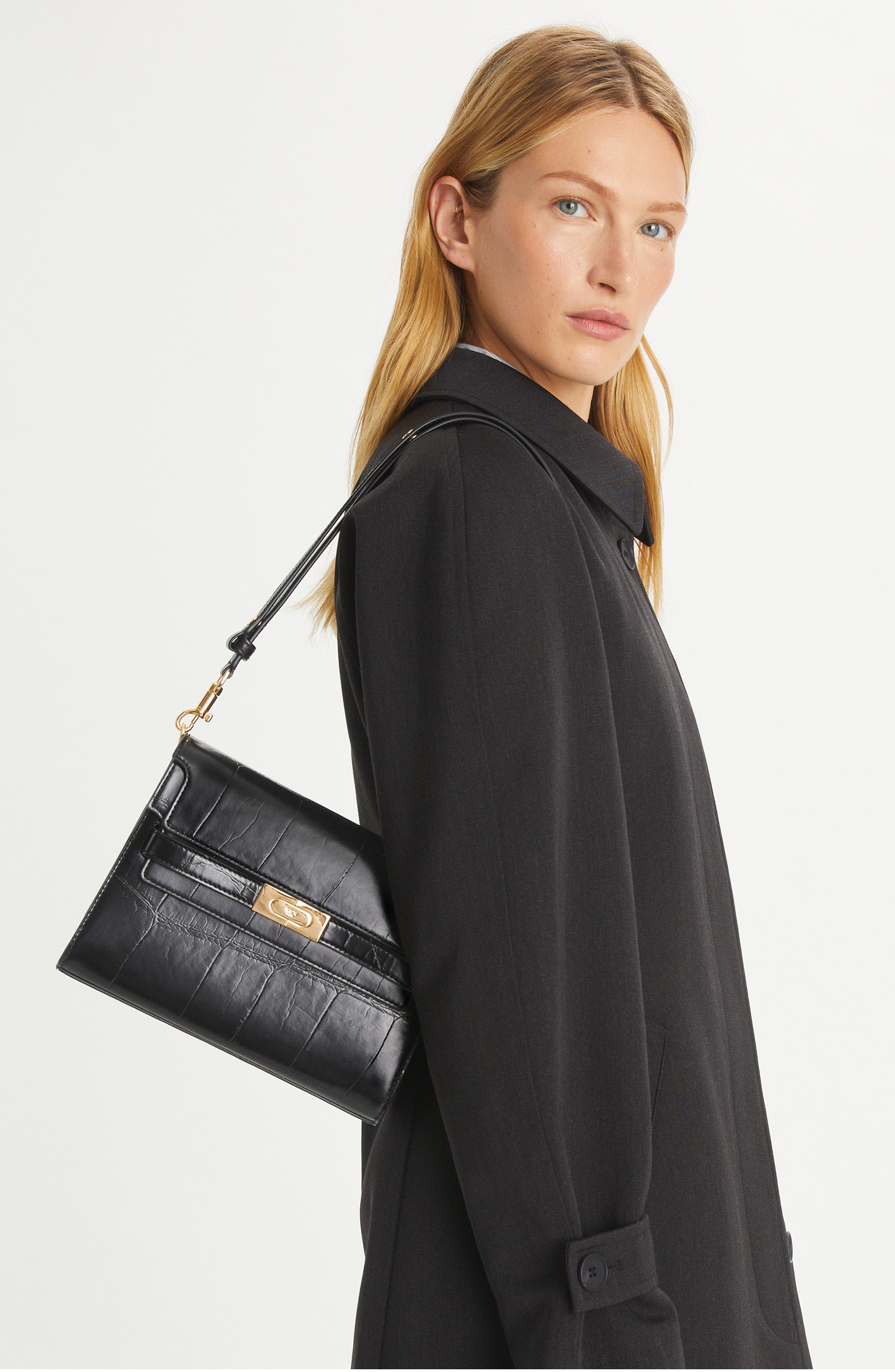 Lee Radziwill Croc Embossed Leather Shoulder Bag, Alternate, color, BLACK