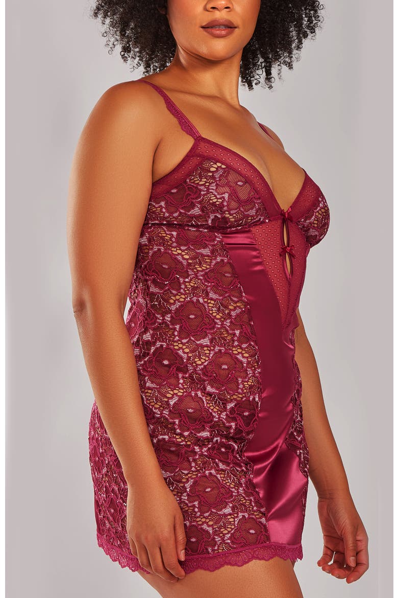 Two-Toned Lace & Satin Chemise Set, Alternate, color, Wine