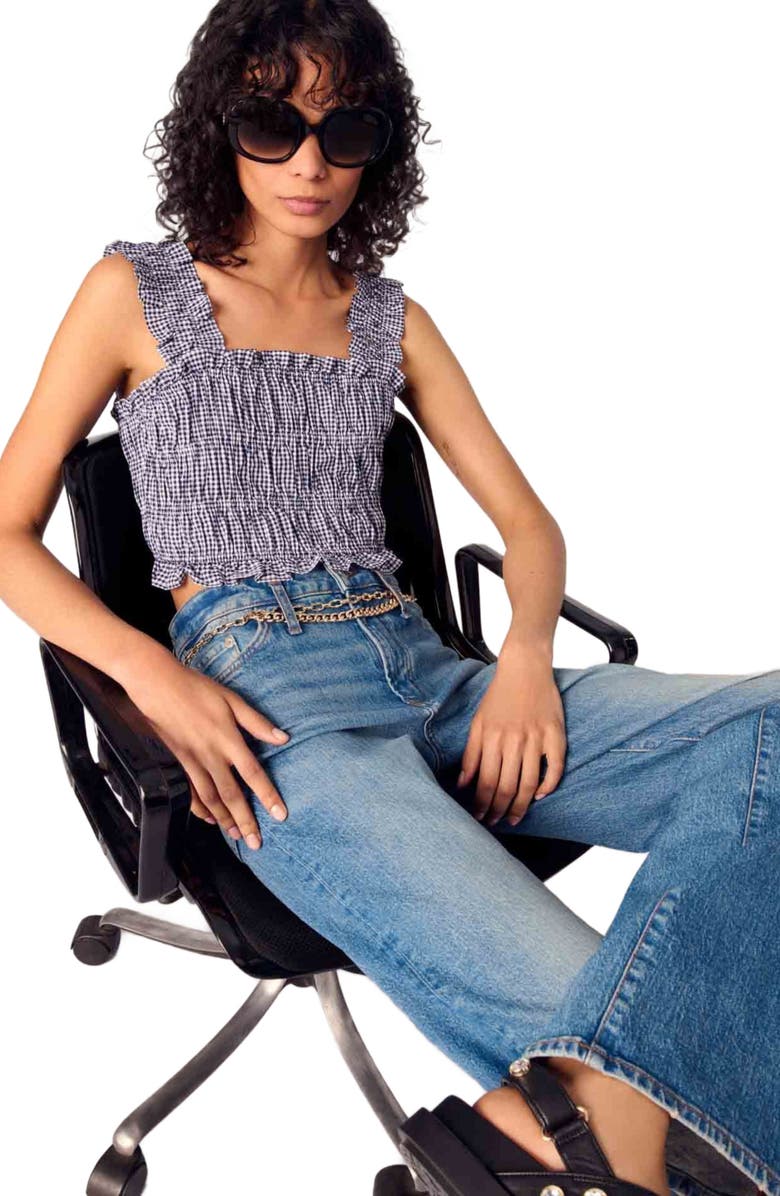 maje Gingham smocked crop top, Alternate, color, Navy/White