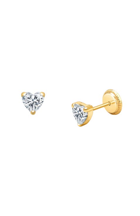 14K Gold 4mm Clear Heart Studs Screw Back Earrings