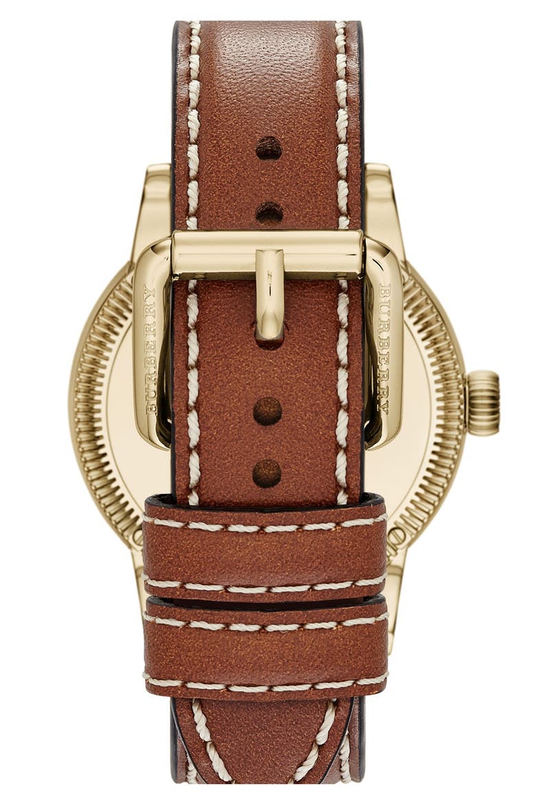 'Utilitarian' Round Leather Strap Watch, 38mm, Alternate, color, SADDLE/ GOLD