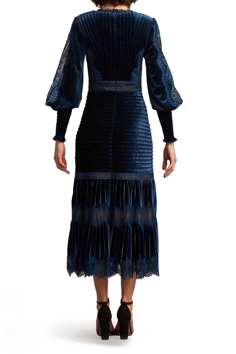 Avalon Pleated Velvet Cocktail Midi Dress, Alternate, color, NAVY