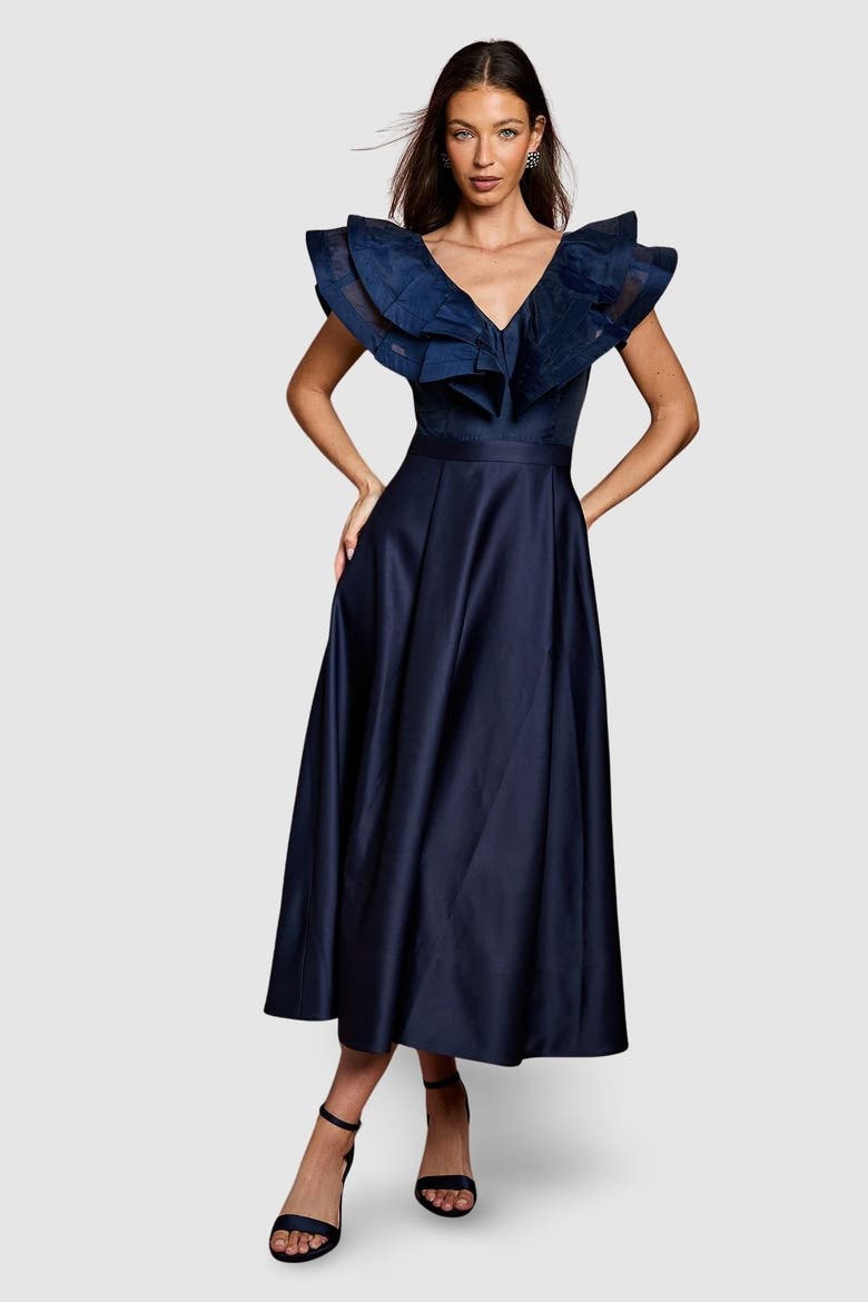 Frill Shoulder Midi Dress, Main, color, Navy