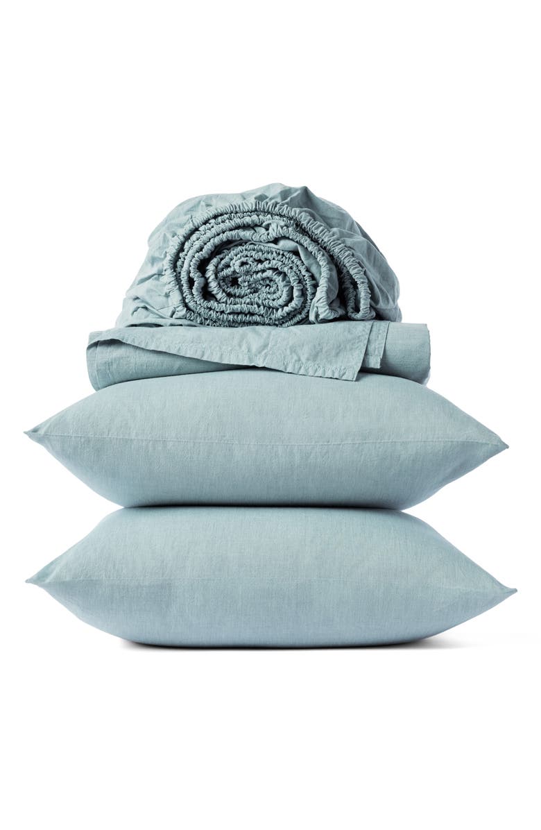 Coyuchi Crinkled Organic Cotton Percale Sheet Set, Main, color, Surf Chambray