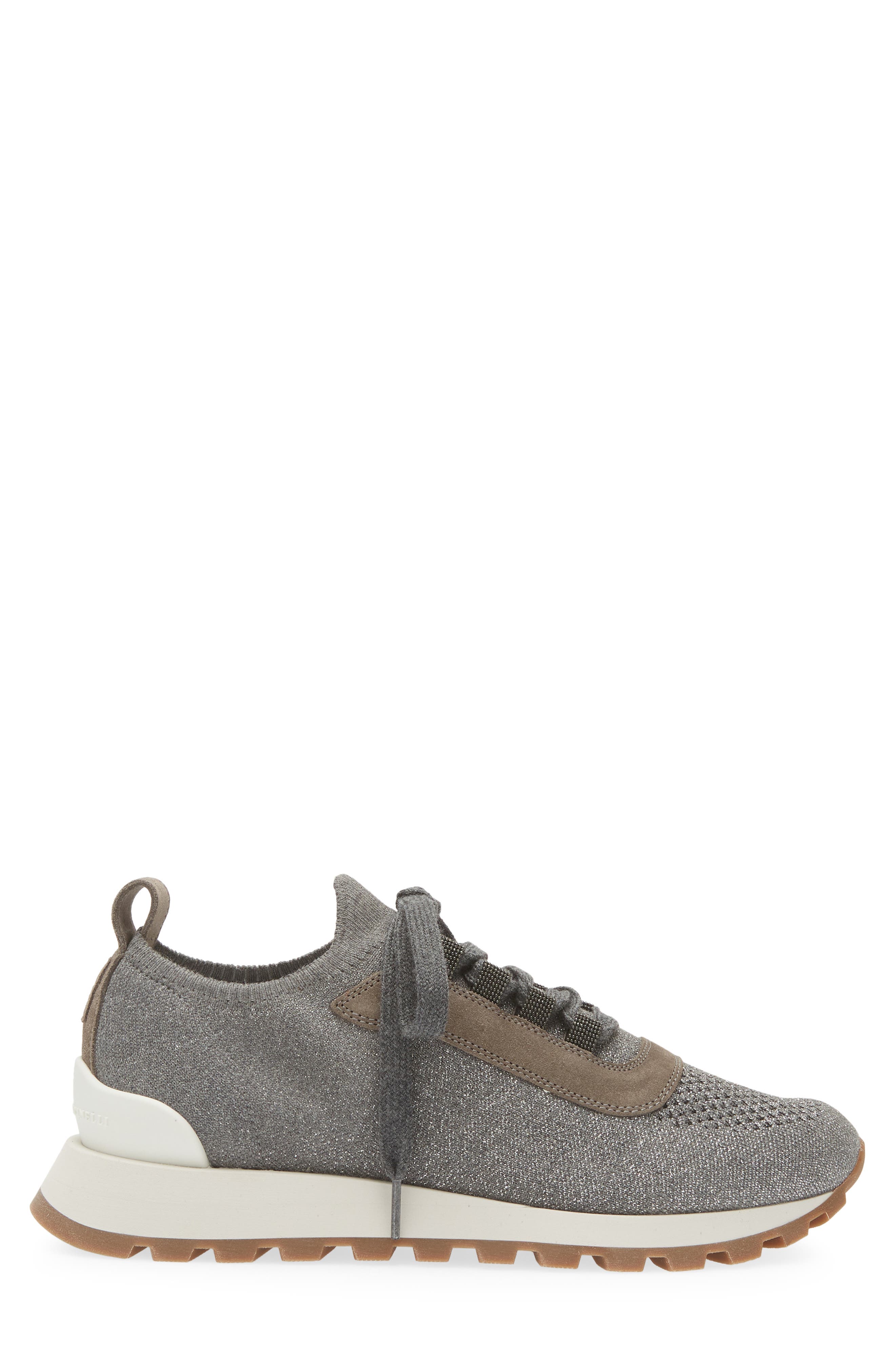 Brunello Cucinelli Monili Metallic Knit Lace-Up Sneaker, Alternate, color, Grey