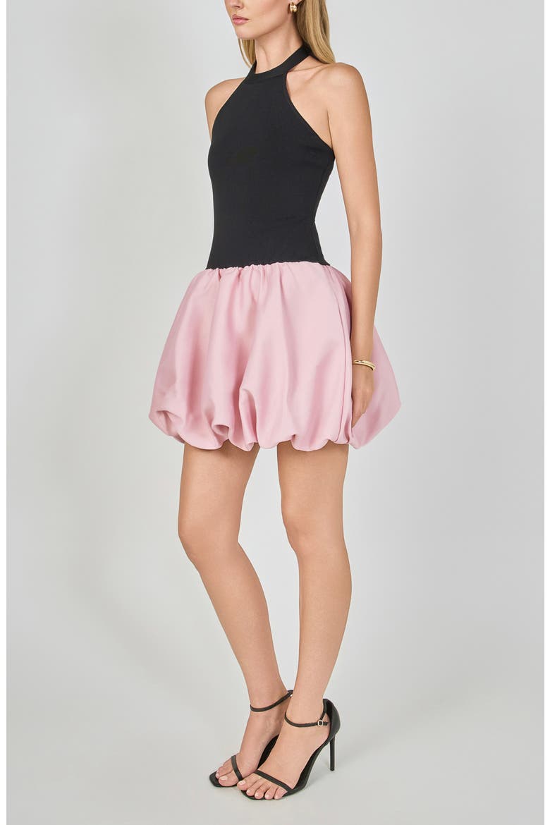 Mixed Media Halter Neck Bubble Minidress, Alternate, color, BLACK/ PINK
