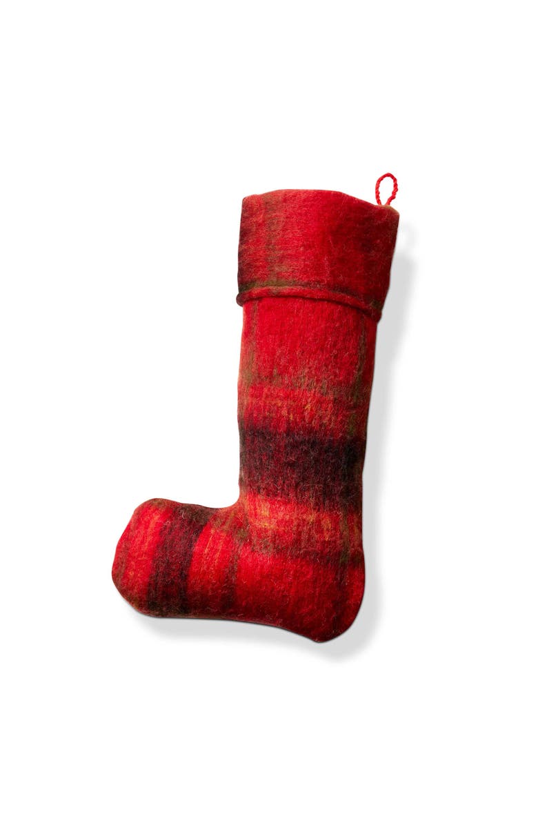 tag Wooly Plaid Holiday Stocking Red Multi Christmas Decor, Main, color, Red