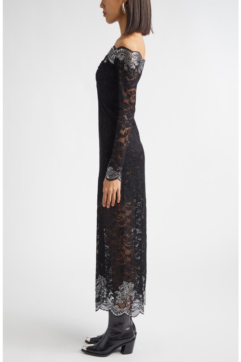 Twist Front Off the Shoulder Long Sleeve Lace Midi Dress, Alternate, color, BLACK
