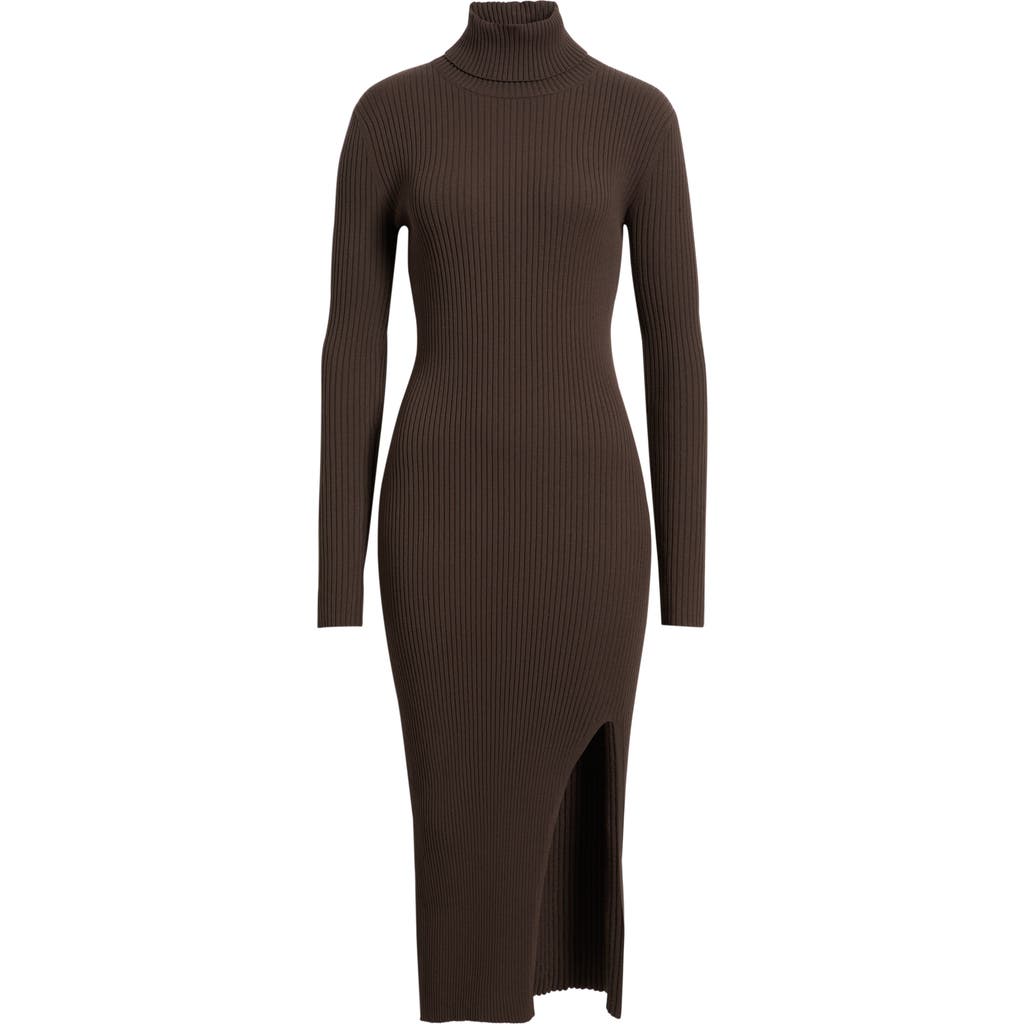Open Edit Rib Long Sleeve Turtleneck Sweater Dress In Brown