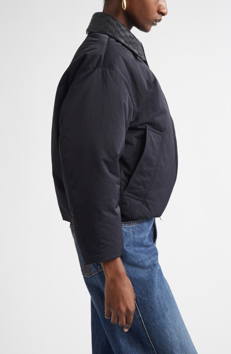 Bottega Veneta Intrecciato Leather Collar Tech Nylon Puffer Jacket, Alternate, color, 1000 Black