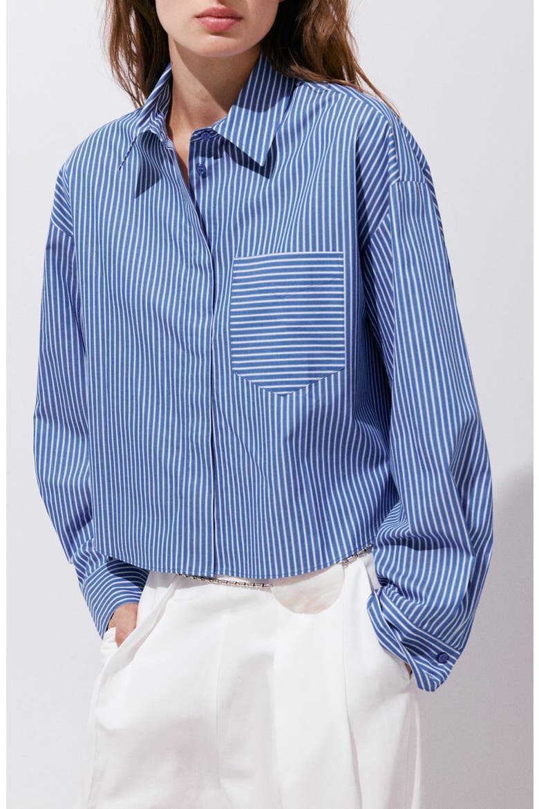 Stripe Crop Button-Up Shirt, Main, color, BLUE