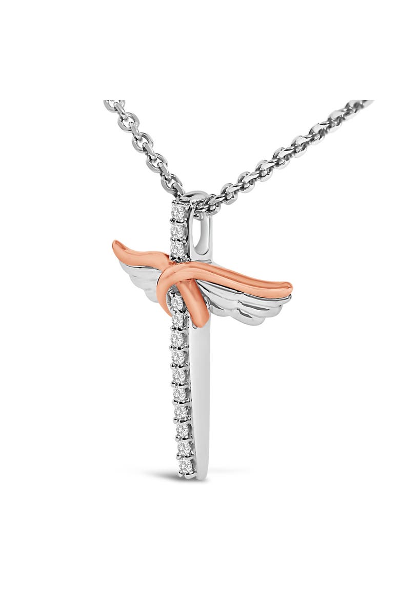 14K Rose Gold Plated Sterling Silver 1/5 Cttw Diamond Wing Cross Pendant Necklace, Alternate, color, White Gold over Silver