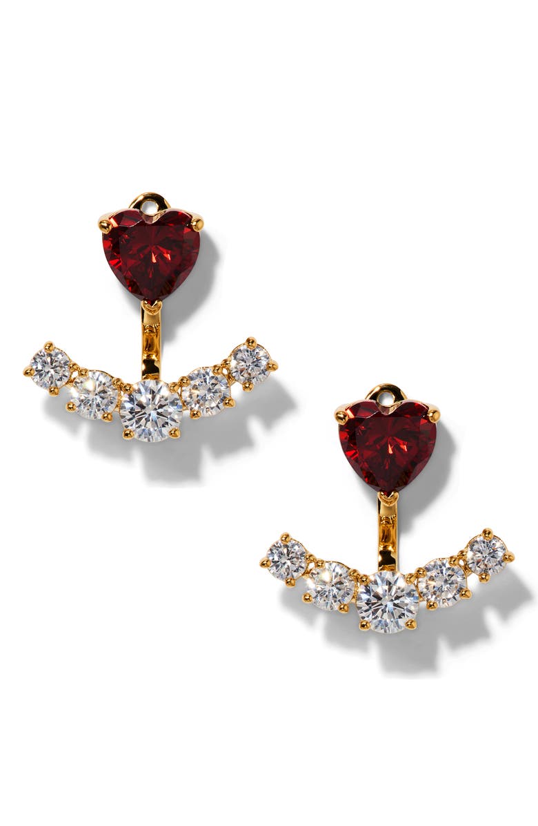 Nadri Le Bisou Red Cubic Zirconia Heart Ear Jacket Earrings, Main, color, Gold