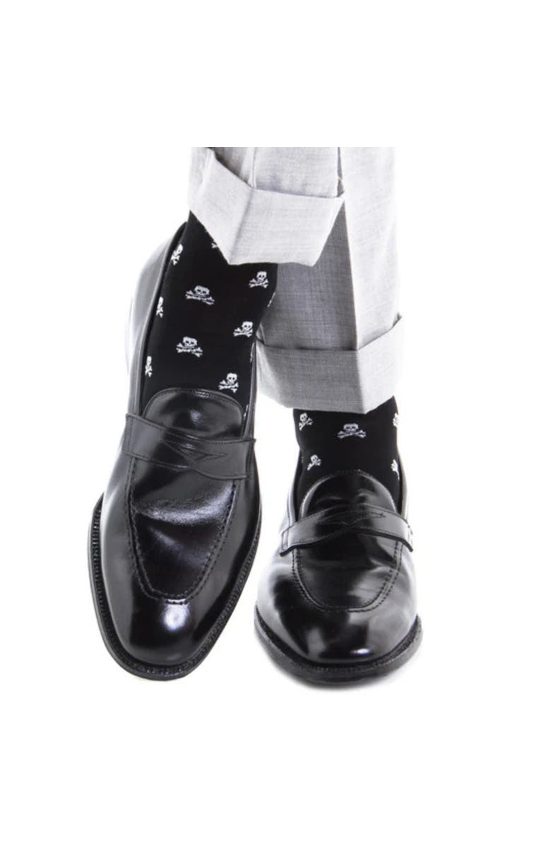 Trafalgar Rodger Skull and Cross Bones Over The Calf Mercerized Cotton Socks, Alternate, color, Black