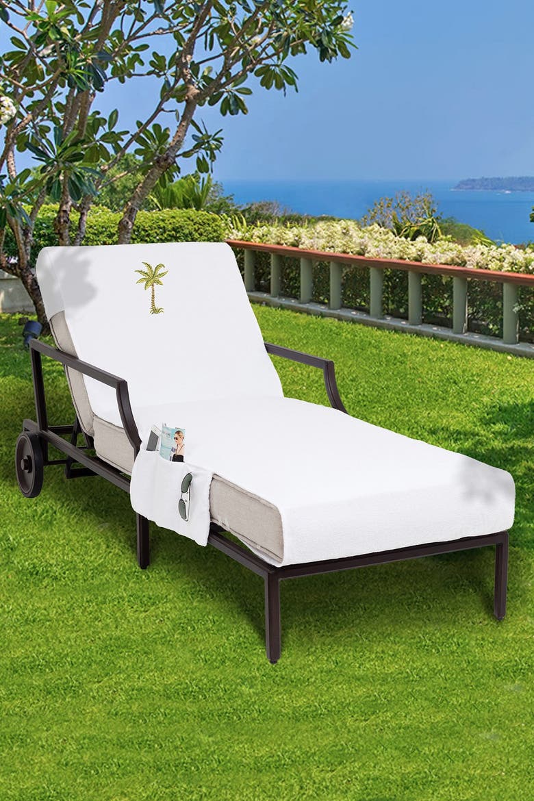 100% Turkish Cotton Palm Tree Embroidered Standard Size Chaise Lounge Cover With Side Pockets - White, Alternate, color, WHITE