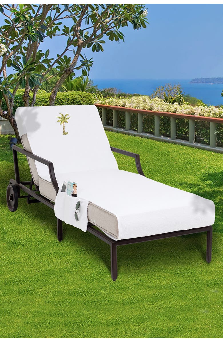 Linum Home Textiles 100% Turkish Cotton Palm Tree Embroidered Standard Size Chaise Lounge Cover With Side Pockets - White, Alternate, color, 