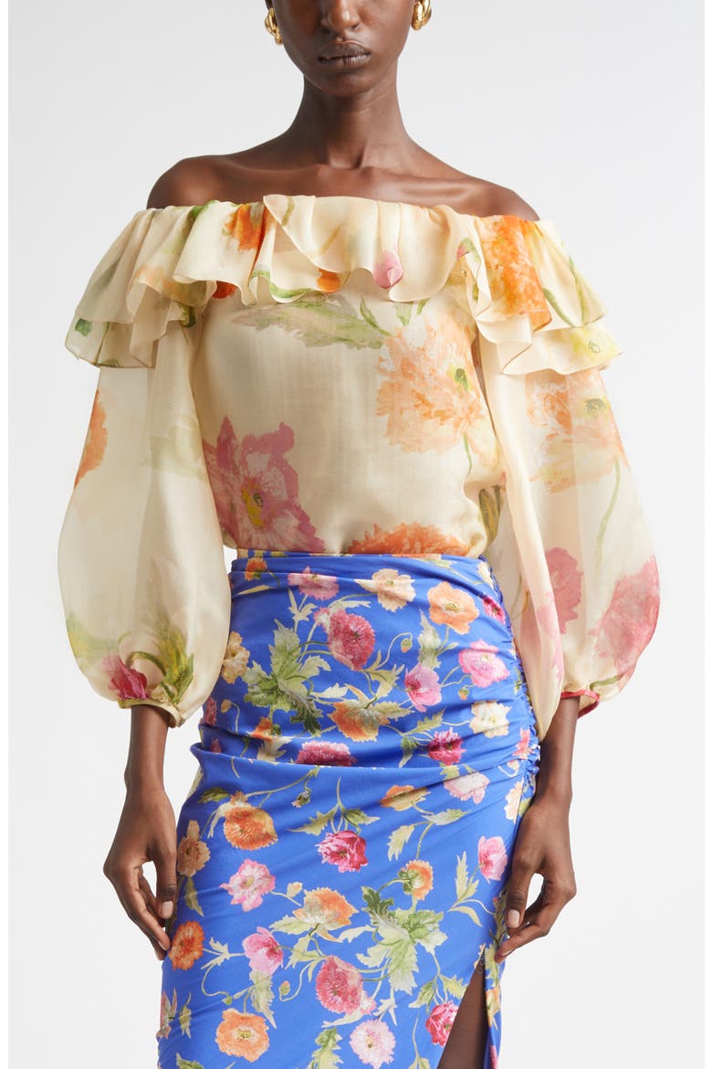 Poppy Print Silk Organza Off the Shoulder Top, Main, color, ALMOND MULTI