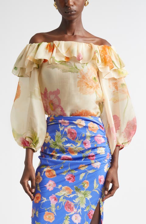 Poppy Print Silk Organza Off the Shoulder Top