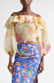 Carolina Herrera Poppy Print Silk Organza Off the Shoulder Top