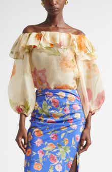 Poppy Print Silk Organza Off the Shoulder Top
