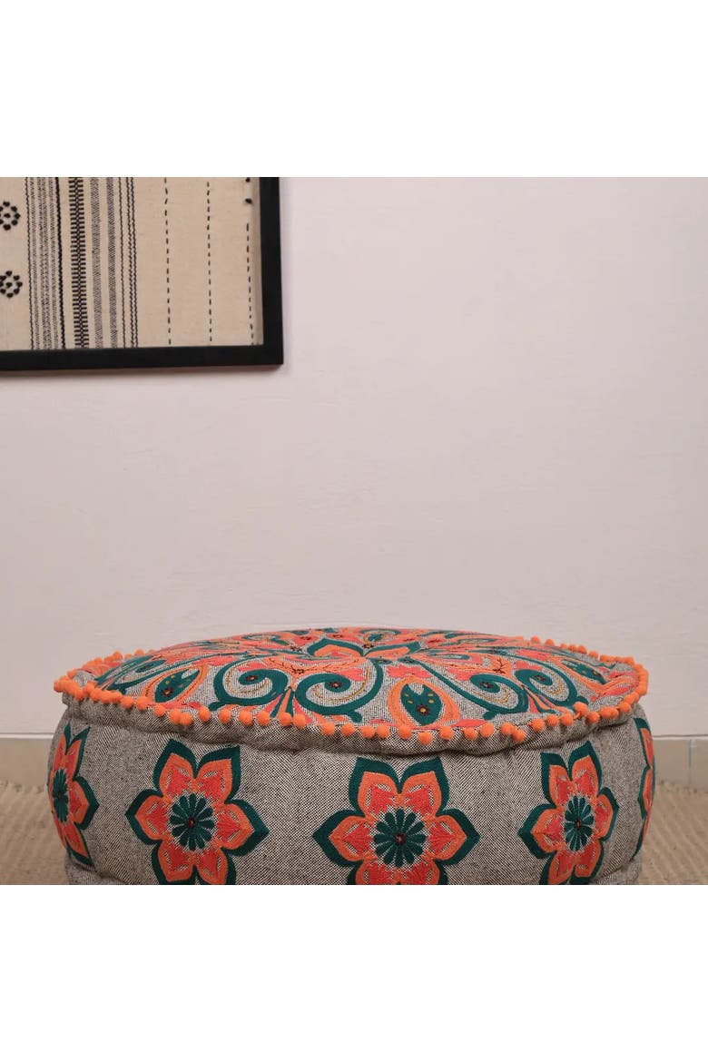 Mandala Pouf with Pompoms, Alternate, color, Grey