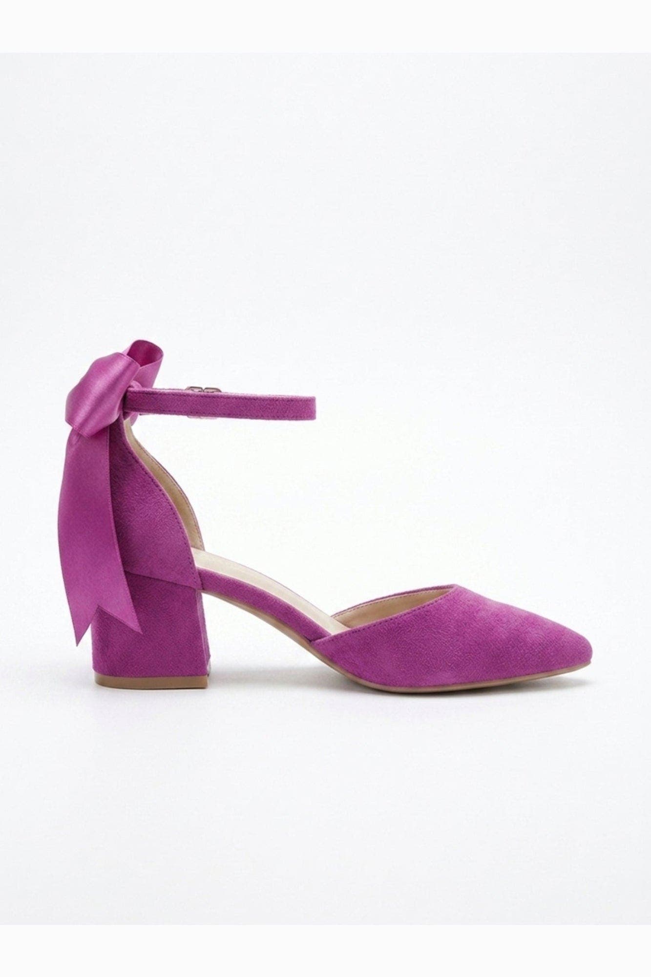 Arielle Bow Ankle Strap Block Heel Pump, Alternate, color, Fuchsia Suede