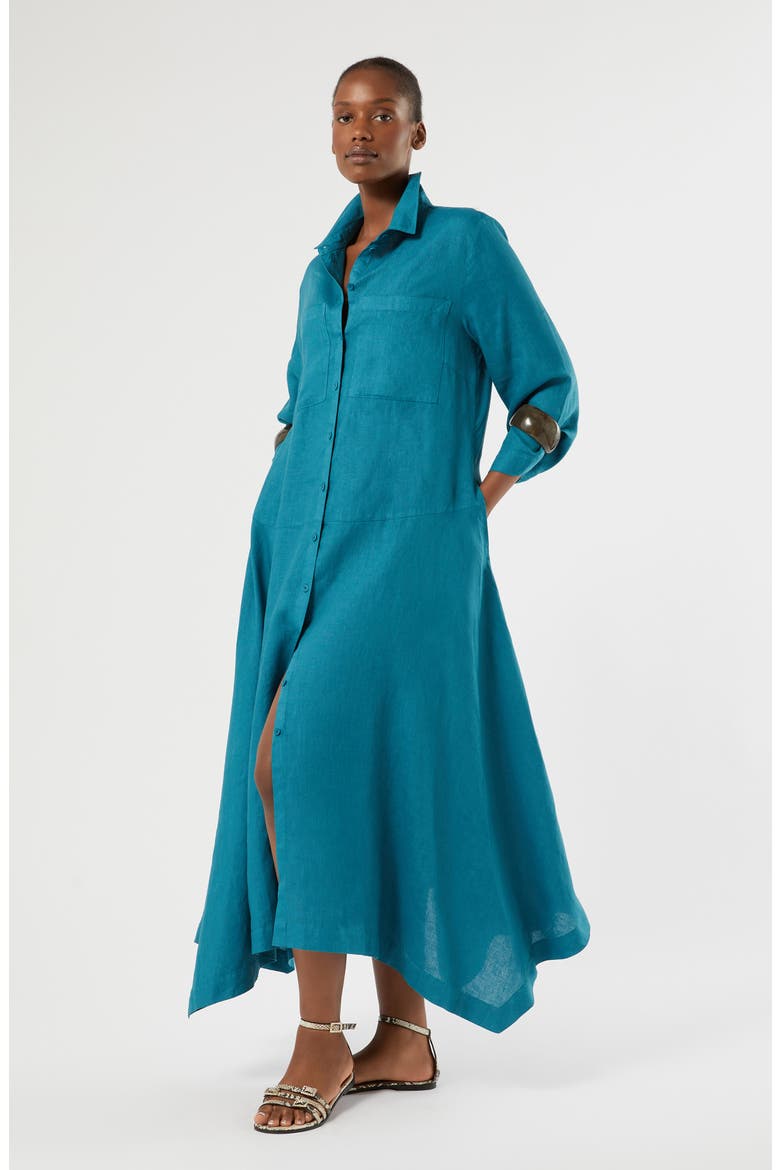 Valpe Shark-Bite Hem Linen Shirtdress, Alternate, color, TURQUOISE