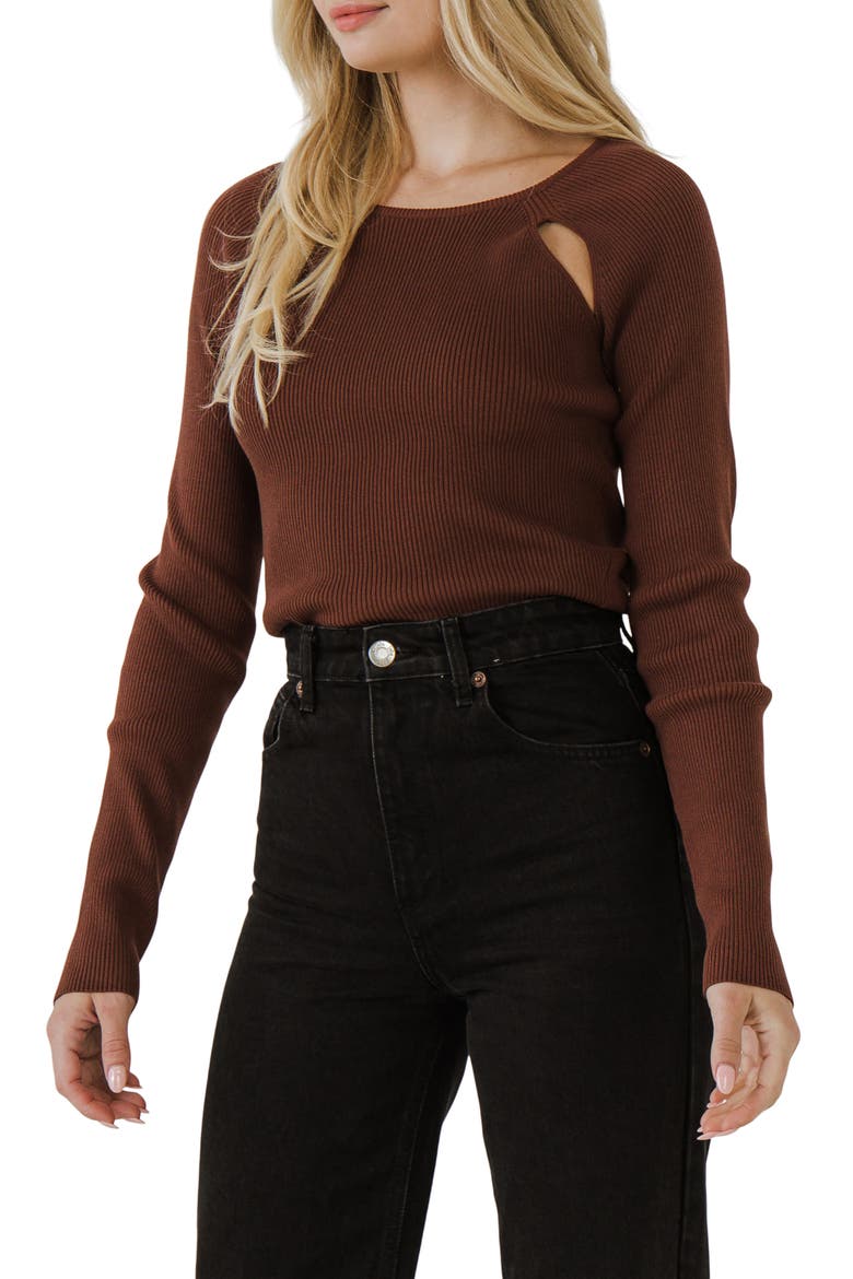 Double Cutout Long Sleeve Knit Top, Alternate, color, BROWN