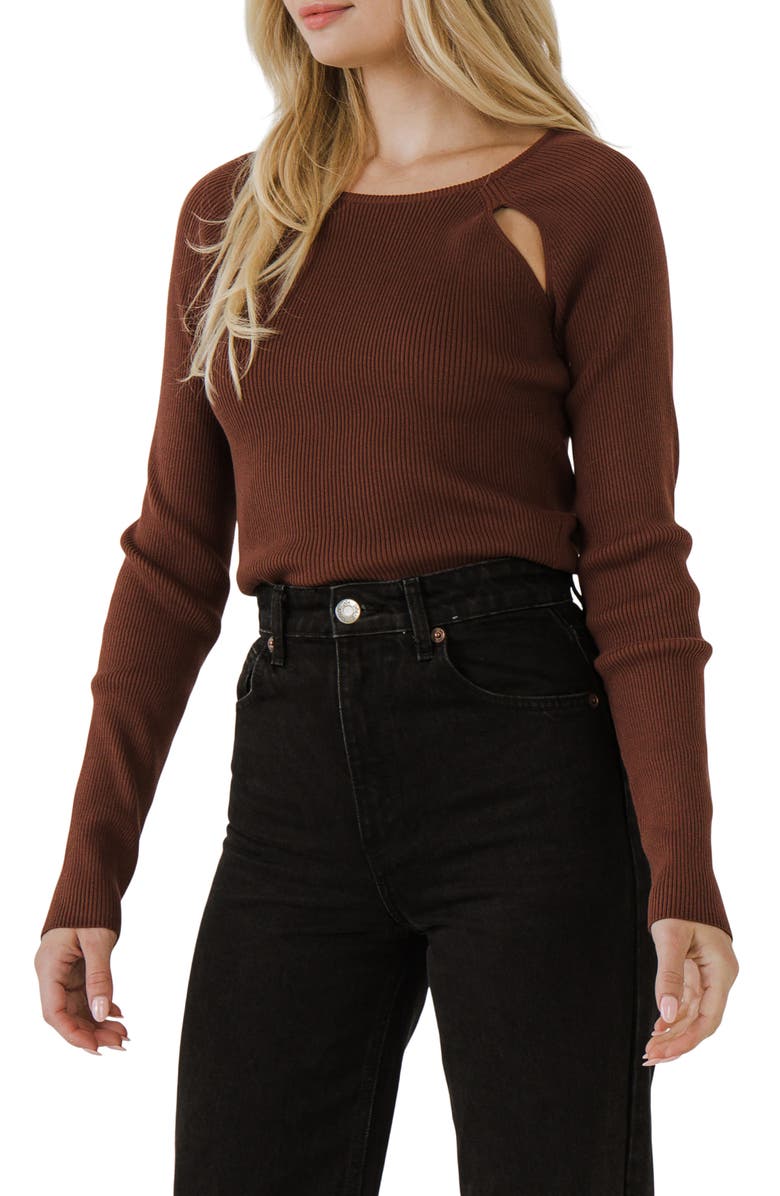 Endless Rose Double Cutout Long Sleeve Knit Top, Alternate, color, Brown