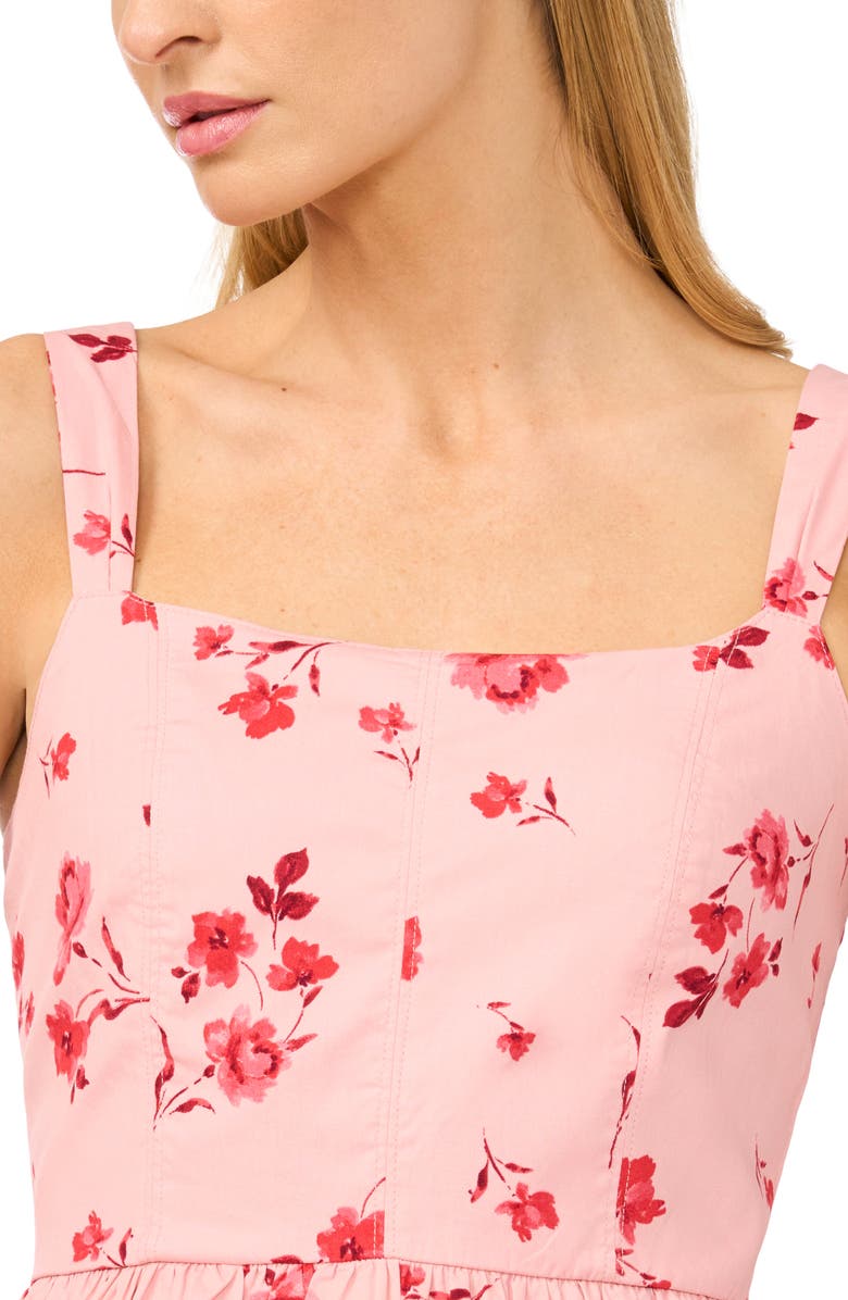 CeCe Floral Ruffle Detail Stretch Cotton Midi Dress, Alternate, color, Coral Bloom