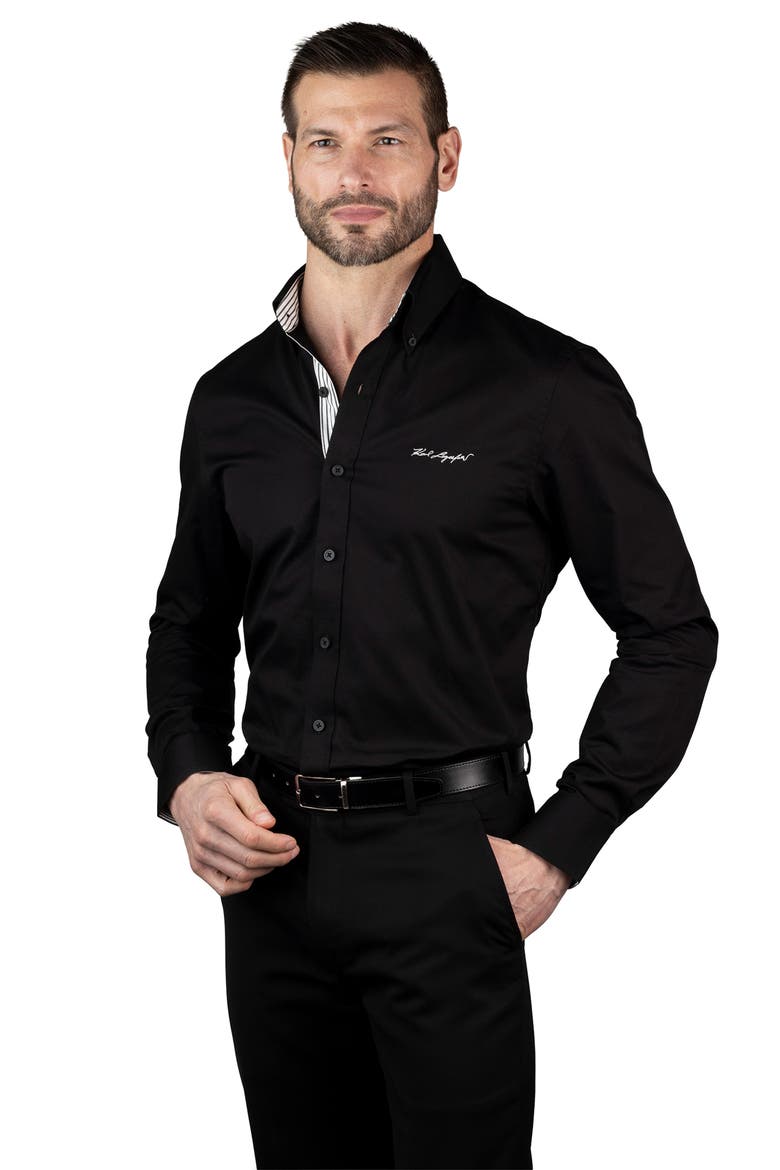 Trim Fit Log Embroidered Cotton Dress Shirt, Alternate, color, BLACK